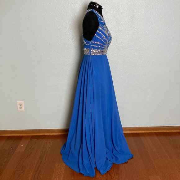6 M Beaded Rhinestone Backless Blue Chiffon Long High Neck Prom Formal dress - Picture 11 of 16